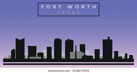 Cityscape against the starry sky. Fort Worth, Texas, Usa. Black and white silhouettes of buildings. Vector on gray background