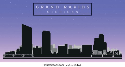 Cityscape against the starry sky. Grand Rapids, Michigan, Usa. Black and white silhouettes of buildings. Vector on gray background