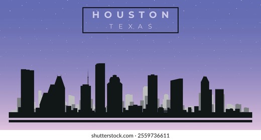 Cityscape against the starry sky. Houston, Texas, Usa. Black and white silhouettes of buildings. Vector on gray background