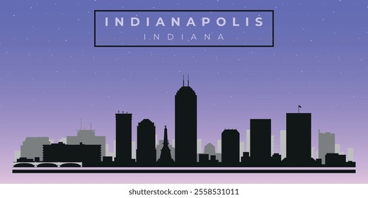 Cityscape against the starry sky. Indianapolis, Indiana, Usa. Black and white silhouettes of buildings. Vector on gray background