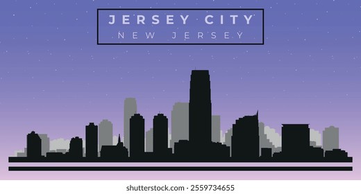 Cityscape against the starry sky. Jersey, Usa. Black and white silhouettes of buildings. Vector on gray background