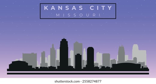 Cityscape against the starry sky. Kansas, Missouri. Black and white silhouettes of buildings. Vector on gray background