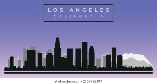 Cityscape against the starry sky. Los Angeles California, Usa. Black and white silhouettes of buildings. Vector on gray background