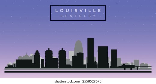 Cityscape against the starry sky. Louisville, Kentucky, Usa. Black and white silhouettes of buildings. Vector on gray background

