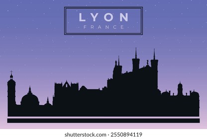 Cityscape against the starry sky. Lyon, France. Silhouettes of buildings. Vector on a gray background	