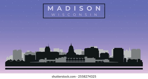 Cityscape against the starry sky. Madison, Wisconsin. Black and white silhouettes of buildings. Vector on gray background