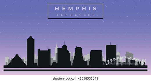 Cityscape against the starry sky. Memphis, Tennessee, Usa. Black and white silhouettes of buildings. Vector on gray background