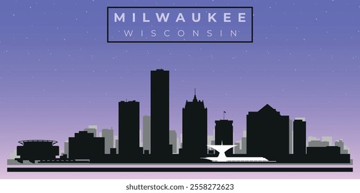 Cityscape against the starry sky. Milwaukee, Wisconsin, Usa. Black and white silhouettes of buildings. Vector on gray background