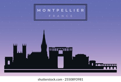 Cityscape against the starry sky. Montpellier, France. Silhouettes of buildings. Vector on a gray background	