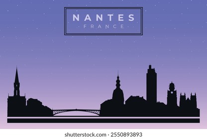 Cityscape against the starry sky. Nantes, France. Silhouettes of buildings. Vector on a gray background	
