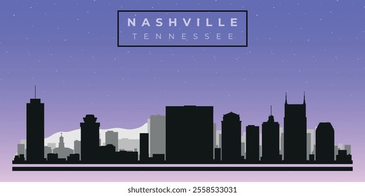 Cityscape against the starry sky. Nashville, Tennessee, Usa. Black and white silhouettes of buildings. Vector on gray background