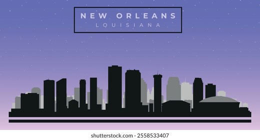 Cityscape against the starry sky. New Orleans, Louisiana, Usa. Black and white silhouettes of buildings. Vector on gray background