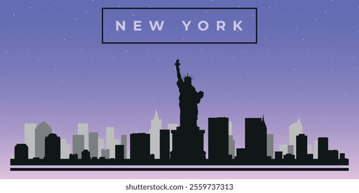 Cityscape against the starry sky. New York, Usa. Black and white silhouettes of buildings. Vector on gray background