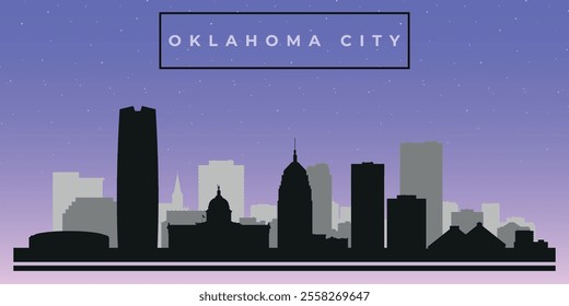 Cityscape against the starry sky. Oklahoma, Usa. Black and white silhouettes of buildings. Vector on gray background