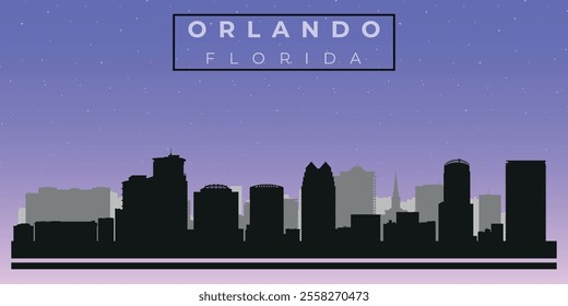 Cityscape against the starry sky. Orlando, Florida, Usa. Black and white silhouettes of buildings. Vector on gray background