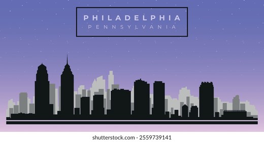 Cityscape against the starry sky. Philadelphia, Pennsilvania, Usa. Black and white silhouettes of buildings. Vector on gray background