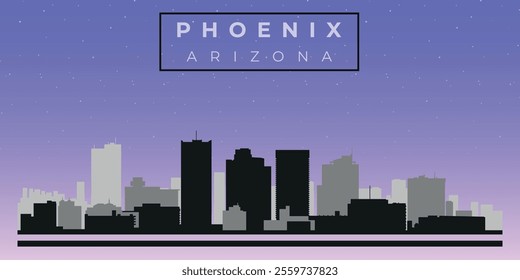 Cityscape against the starry sky. Phoenix, Arizona, Usa. Black and white silhouettes of buildings. Vector on gray background