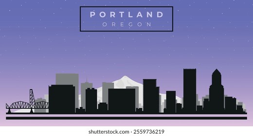 Cityscape against the starry sky. Portland, Origon, Usa. Black and white silhouettes of buildings. Vector on gray background