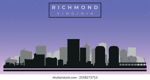 Cityscape against the starry sky. Richmond, Virginia, Usa. Black and white silhouettes of buildings. Vector on gray background