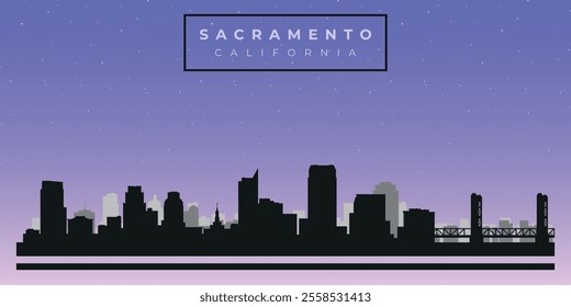 Cityscape against the starry sky. Sacramento, California, Usa. Black and white silhouettes of buildings. Vector on gray background