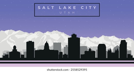 Cityscape against the starry sky. Salt Lake, Utah, Usa. Black and white silhouettes of buildings. Vector on gray background