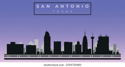 Cityscape against the starry sky. San Antonio, Texas, Usa. Black and white silhouettes of buildings. Vector on gray background