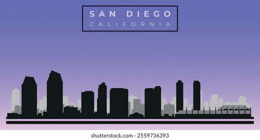 Cityscape against the starry sky. San Diego, California, Usa. Black and white silhouettes of buildings. Vector on gray background