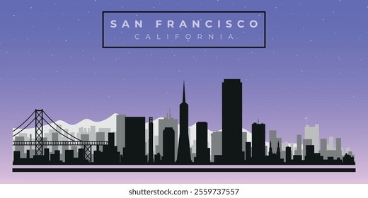 Cityscape against the starry sky. San Francisco, California, Usa. Black and white silhouettes of buildings. Vector on gray background