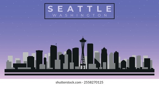 Cityscape against the starry sky. Seattle, Washington, Usa. Black and white silhouettes of buildings. Vector on gray background