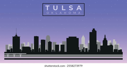 Cityscape against the starry sky. Tulsa, Oklahoma, Usa. Black and white silhouettes of buildings. Vector on gray background