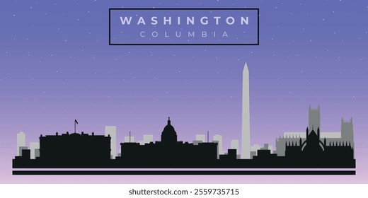 Cityscape against the starry sky. Washington, Columbia, Usa. Black and white silhouettes of buildings. Vector on gray background