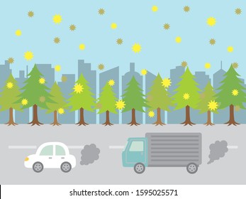 Cityscape with air pollution and cedar pollen. vector illustration.