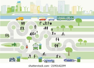 Cityscape with Alternative Energy Sources– City Map, Illustration