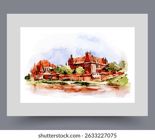 Cityscape with ancient walled fortress in city of Gdansk in Poland on wall art. Watercolor artwork. Poster with fortress architecture in eastern European country, in frame with decor for print