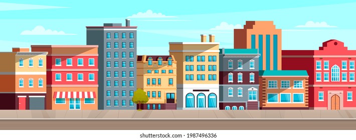 Cityscape with apartment and residential buildings. Exterior of houses on street in city. Roadway, cityscape and architecture vector illustration. Landscape of street of modern city with buildings