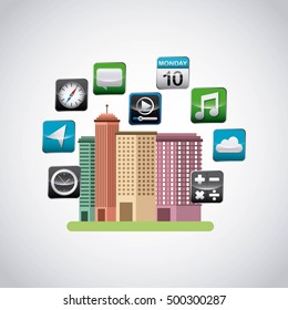 cityscape with app store icons vector illustration design