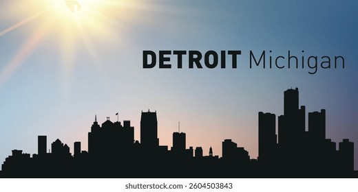 Cityscape, architecture, silhouette of the city of Detroit, Michigan on the background of the sunset.