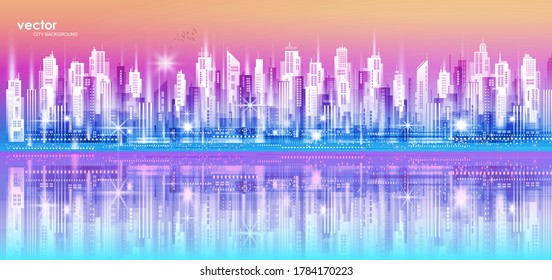 Cityscape architecture skyline. Urban panorama. Illustration with architecture, skyscrapers, megapolis, buildings, downtown.