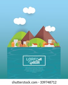 Cityscape. Architecture of a small town by the river. Flat style vector illustration.