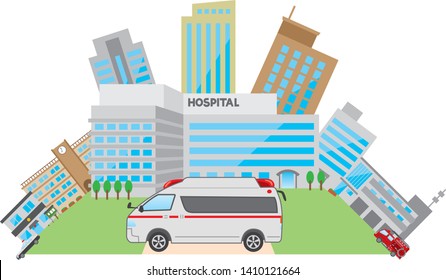 Cityscape around ambulance and hospital (image illustration)