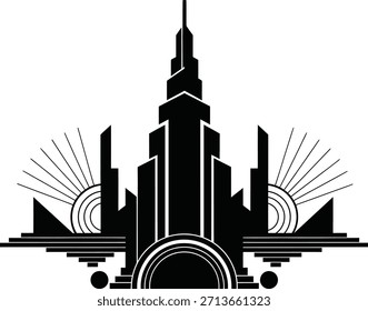 Diseño de Vector art deco Cityscape. Edificios de rascacielos y Elementos de rayos solares. Composición arquitectónica de estilo Antiguas. Ilustración de ornamento geométrico retro. Elegante Plantilla gráfica.