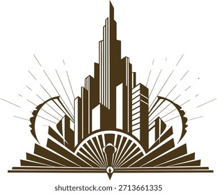 Diseño de Vector art deco Cityscape. Elemento Sunburst y edificio de rascacielos. Composición arquitectónica de estilo Antiguas. Ilustración de ornamento geométrico retro. Elegante Plantilla gráfica.