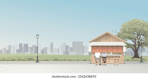 Cityscape with asian street food stall shop at sidewalk have skyscraper and blue sky background graphic illustration.