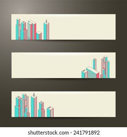 Cityscape Background Architecture Isometric style. Flat Design Vector Illustration. Vector Banners. Set of Three.