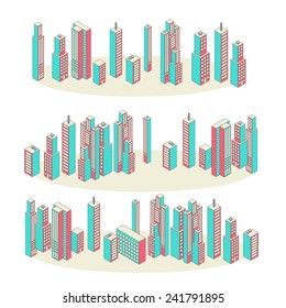 Cityscape Background Architecture Isometric style. Flat Design Vector Illustration. Vector Banners. Set of Three.
