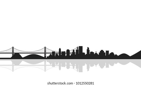 Cityscape background with bridge,silhouette of city. Vector illustration in flat style design. Buildings silhouettes,urban landscape