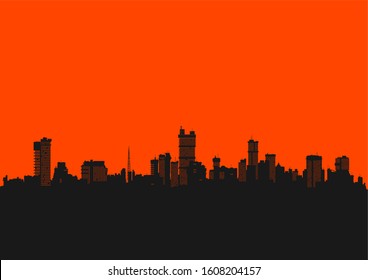 Cityscape. Background in bright colors with the silhouette of the modern city. Flat vector.