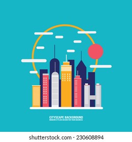 Cityscape background. City building silhouettes. Modern flat design style. Vector illustration