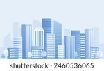 Cityscape background, City buildings and trees at city view. Monochrome urban landscape with clouds in the sky. Modern architectural flat style vector illustration.