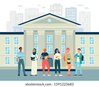 Cityscape background with educational institution building and diverse multicultural young people characters - university or college students, flat vector illustration.